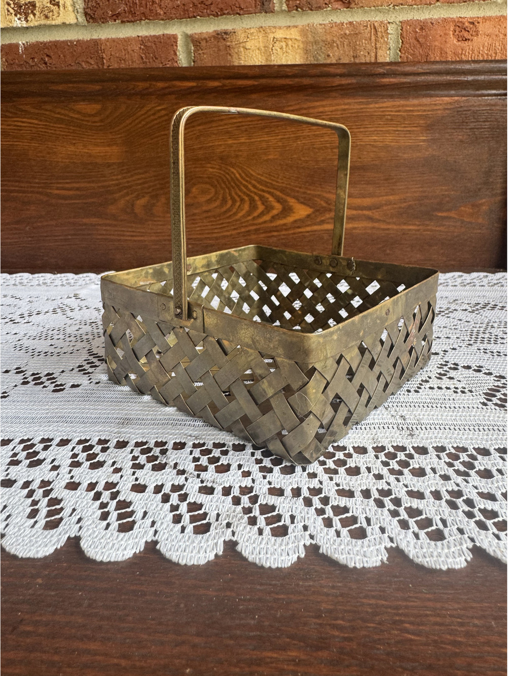 Vintage Handmade Brass Woven Basket with Handle